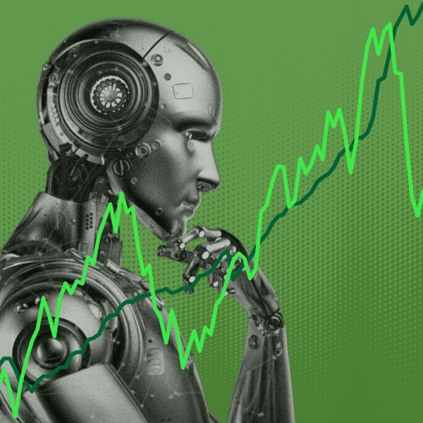 A humanoid robot figure on a green background, with two upward-trending line chart lines overlaid across the image.